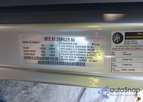 2015 Smart Fortwo Pure z USA, uszkodzony, nr VIN WMEEJ3BA6FK816235